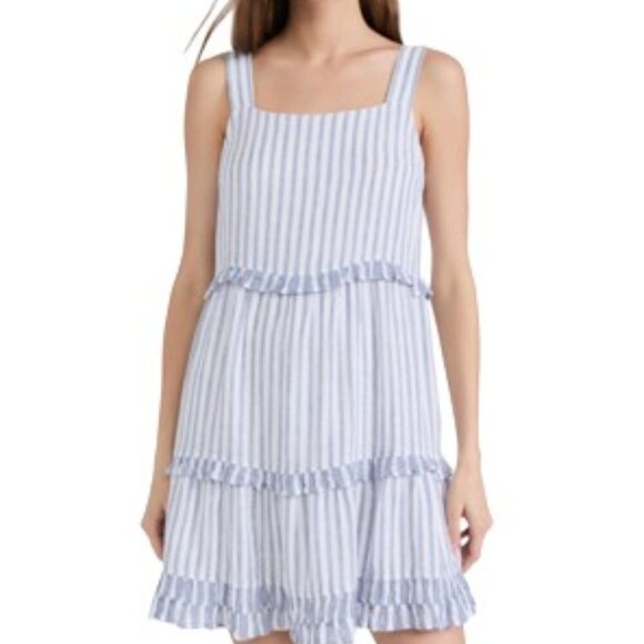 RAILS Sandy Blue White Striped Tiered Linen Mini Sundress Small - Picture 1 of 11
